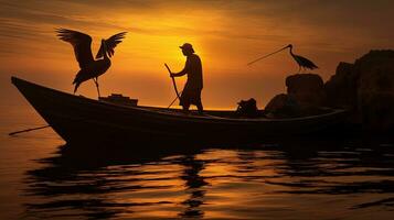 im progresso Mexiko Fischer auf ein klein Boot sind silhouettiert gegen stark Hintergrundbeleuchtung mit ein neotropisch Kormoran thront auf Felsen in der Nähe foto