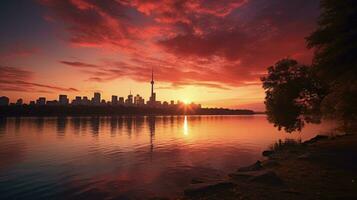 rot getönt Silhouette von Toronto Sonnenaufgang Über See foto