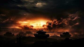 Schlacht Szene beim Nacht mit Deutsche Panzer und gepanzert Fahrzeuge Kampf unter ein wolkig Himmel Silhouette mit Krieg Nebel foto