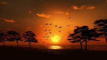 Vögel fliegend durch wie das Weiß Sonne Highlights Perle Wolken und Baum Silhouetten während ein Orange Sonnenuntergang foto