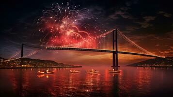 Feuerwerk erleuchten Istanbul Brücke Über Bosporus im Truthahn. Silhouette Konzept foto