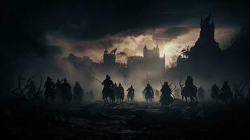 Krieger im mittelalterlich Schlacht Szene Kampf im Silhouette gegen ein nebelig Hintergrund mit Schloss foto