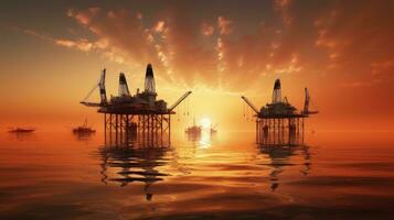 silhouettiert Öl Rigs gegen Orange Himmel foto