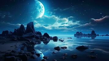 futuristisch Seelandschaft beim Nacht mit Mond s Betrachtung auf Wasser groß Steine und Bäume auf das Ufer Neon- Blau Meteorit Strahlen und Inseln im das Landschaft. Silhouette Konzept foto