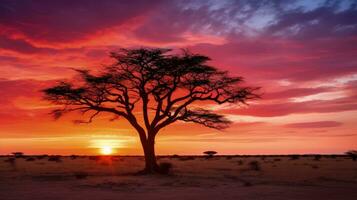 Sonnenuntergang auf afrikanisch Ebenen mit Akazie Baum Kalahari Wüste Süd Afrika. Silhouette Konzept foto