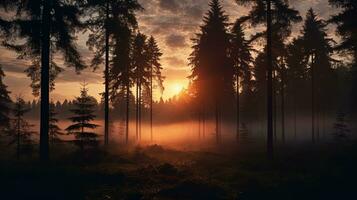 neblig Sommer- Morgen Sonne steigend im ein Wald. Silhouette Konzept foto