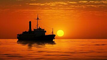 Schiff Silhouette beim Sonnenaufgang Über golden Meer foto