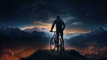 ein Radfahrer durch das Stadt Beleuchtung oben auf ein Berg. Silhouette Konzept foto