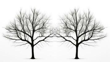 Foto von schwarz Zwilling Bäume mit Nein Blätter gegen ein Weiß Hintergrund. Silhouette Konzept