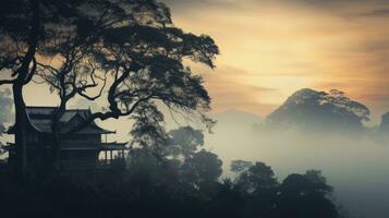 Jahrgang Aussehen von thailändisch Hügel khao krachom Anzeigen Nebel Bäume und Haus. Silhouette Konzept foto