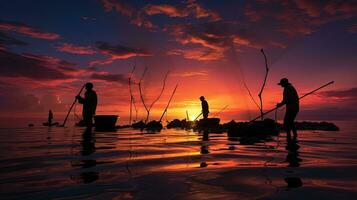 Fischer Umrisse beim Sonnenaufgang im das Tropen. Silhouette Konzept foto