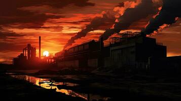 Sonnenuntergang leuchtet verlassen industriell Gebäude. Silhouette Konzept foto
