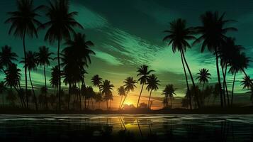 tropisch Kokosnuss Palme Öl Bauernhof mit hoch Baum Silhouetten und frisch Blätter auf ein tropisch Küste foto