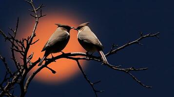 Paar von Seidenschwanz Vögel umrissen durch das voll Mond beim Dämmerung. Silhouette Konzept foto