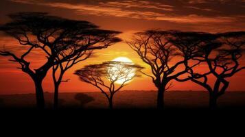 Sonnenuntergang beim ein Süd afrikanisch Natur Reservieren Gießen Baum Silhouetten foto