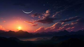 Sonnenuntergang Wolken mit feurig Farbtöne Mond und Sterne über ein Berg Umriss. Silhouette Konzept foto