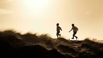 zwei Jungs Sprinten auf Sand Dünen in der Nähe von das Ozean beim Dämmerung mit ein Sepia getönt schwarz und Weiß Wirkung. Silhouette Konzept foto