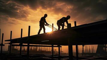 zwei Arbeitskräfte auf Lehrwerk im ein Silhouette foto