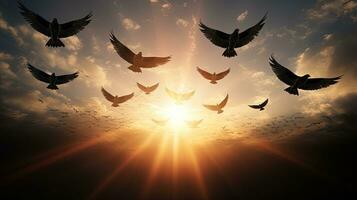 Vögel im das Himmel Erstellen ein Signal Form. Silhouette Konzept foto