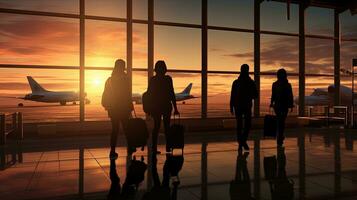 Silhouetten von Reisende gesehen beim das Flughafen foto