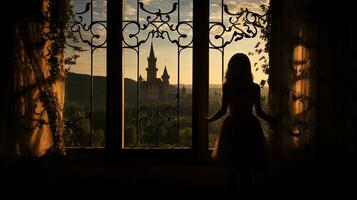 ungarisch Schloss s Fenster Öffnung mit Mädchen im Mukatschewo. Silhouette Konzept foto