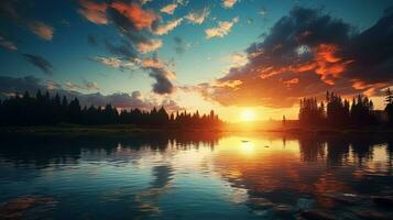 lebendig Sonnenuntergang Bild szenisch Fluss Sicht. Silhouette Konzept foto