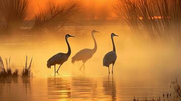 Kräne im Nebel bosque del Apache nm. Silhouette Konzept foto