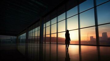 silhouettiert jung Frau Gehen im Büro Gebäude foto