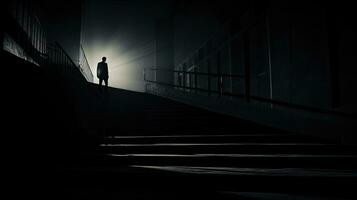 Mann allein aufsteigend Treppe von hinter. Silhouette Konzept foto