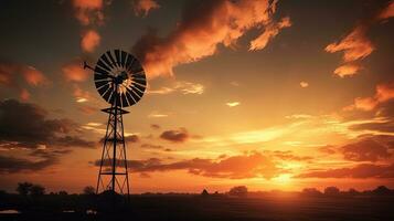 alt gestylt Windmühle s Silhouette inmitten wolkig Sonnenuntergang foto