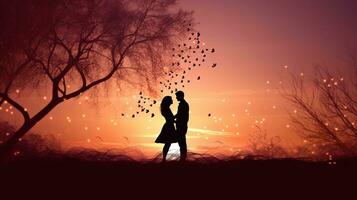 romantisch Paar silhouettiert gegen verschwommen Hintergrund Liebe und Valentinstag s Konzept foto