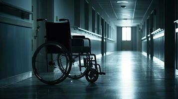 Bilder von ein unbesetzt Rollstuhl im ein leeren Krankenhaus Flur symbolisch von Krankheit oder Isolation. Silhouette Konzept foto