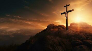 Kreuzigung von Jesus Christus auf ein Berg beim Sonnenuntergang. Silhouette Konzept foto
