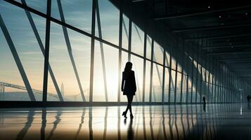 silhouettiert jung Frau Gehen im Büro Gebäude foto