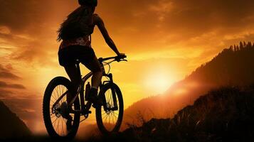 silhouettiert Sonnenaufgang Berg Biker Mädchen foto