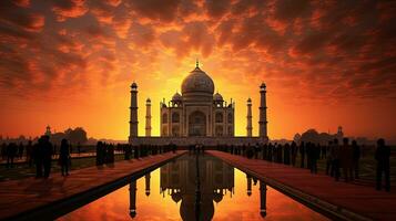 Sonnenuntergang Hintergrund mit taj Mahal im Agra Indien. Silhouette Konzept foto
