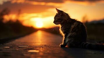 süß Katze auf Straße mit Sonnenuntergang Hintergrund suchen beim wunderbar Sonnenuntergang. Silhouette Konzept foto