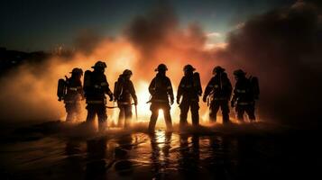 Feuerwehrleute mit hoch Druck Wasser zu Schlacht ein Feuer das Fachmann Feuerwehrmänner Ausbildung zum Notfälle beruflich Ausbildung zum Feuerwehrmann s Sicherheit. Silhouette Konzept foto