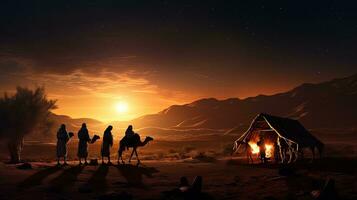 Abend Wüste Geburt Szene während Weihnachten. Silhouette Konzept foto