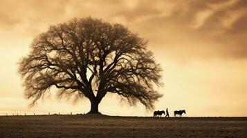 Sepia getönt Winter Szene mit Eiche Baum und Pferde. Silhouette Konzept foto