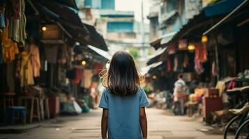 Rückseite Aussicht von authentisch asiatisch wenig Mädchen auf Stadt Straßen Hintergrund. ai generativ foto