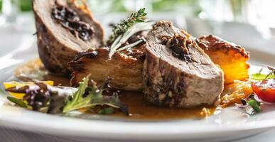 Schweinefleisch Filet ausgestopft mit Pflaumen, die Ermäßigung von rot Wein mit Kartoffel Gratin. foto