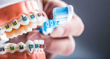 Nahansicht Zähne Hosenträger und Zahn Bürste wie ein Beispiel von Zahnbürste foto