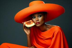 Frau Schönheit dunkel schwarz afro Studio modisch Mode Sinnlichkeit Papaya Konzept Porträt Orange foto