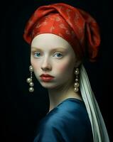 Frau Turban ethnisch Gesicht Schönheit Modell- Porträt Tradition jung Kunst rot Schal bilden foto