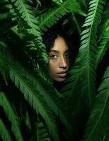 Frau Schönheit bilden bräunen Grün Porträt Haut gesund Gesicht Gesundheit Modell- tropisch Urwald Sommer- foto