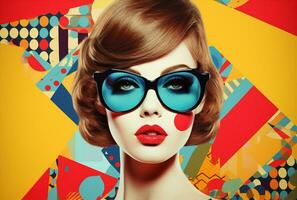 Frau Hintergrund Sonnenbrille modisch Schönheit rot Jahrgang Modell- Porträt Hipster bilden modisch foto
