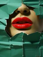 Lippen Frau Gesicht rot modern Papier Konzept Grün Schönheit Farbe Mode foto