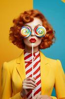 Mode Frau bunt Urlaub Süßigkeiten Lutscher Valentinstag Herz Gesicht Schönheit Süss foto