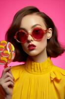 Frau Urlaub Valentinstag Süßigkeiten Lutscher Schönheit Mode attraktiv Gesicht bunt Süss foto